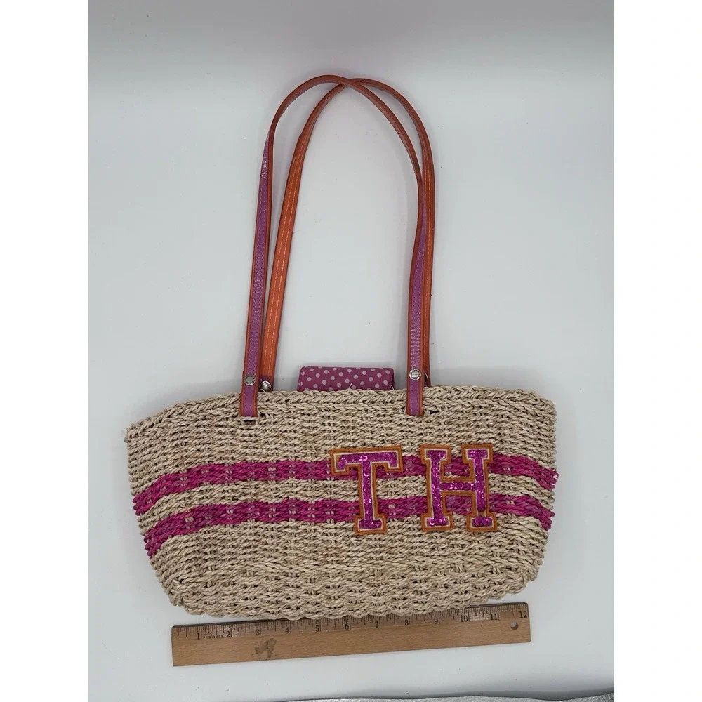 Tommy Hilfiger Straw Raffia Tote Bag TH Monogram Beach Resort Shoulder Bag Y2K